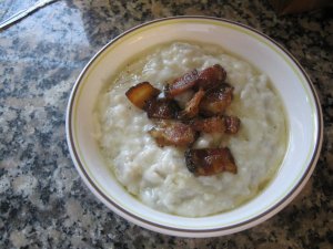 halusky topped with bryndza and bacon bits