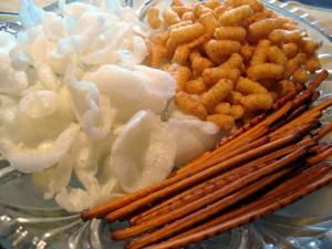Slovak salty snacks: potato crisps, lupienky, DRU salt sticks
