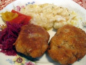 Slovak fasirka with mashed potatoes and red cabbage as prepared by my grandma