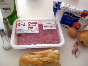 ingredients for fasirka: pork, onion, garlic, salt, pepper, egg, milk, bread crumbs, bread roll