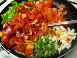 add veggies, onion, bell pepper, tomatos