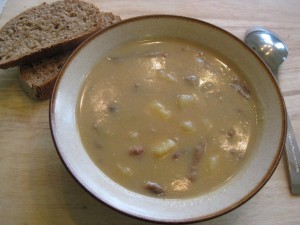 Slovak mushroom potato and bacon soup with home baked bread