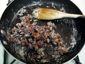 fried bacon bits with flour mixed in
