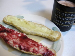 bread with jam and butter, hot chocolate in george washington university mug