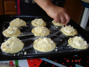 dough covered with crumbs