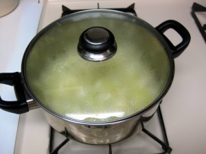 cabbage cooking in a pot covered by lid