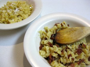 slovak pasta flakes with cabbage bacon and powdered sugar