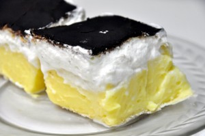 slovak kremes puff pastry with cream and custard topped in chocolate