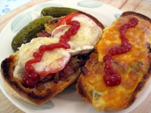 zapekanka slovak czech toasted bread rolls with cheese mushrooms bacon ham and onions