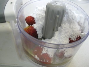 ingredients for making strawberry frosting foam