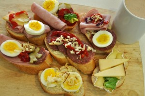 open face sandwiches with hot cocoa